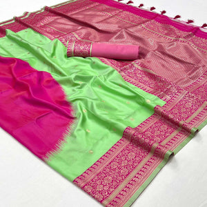 Parrot Green & Pink Zari Butti Work Banarasi Silk Saree