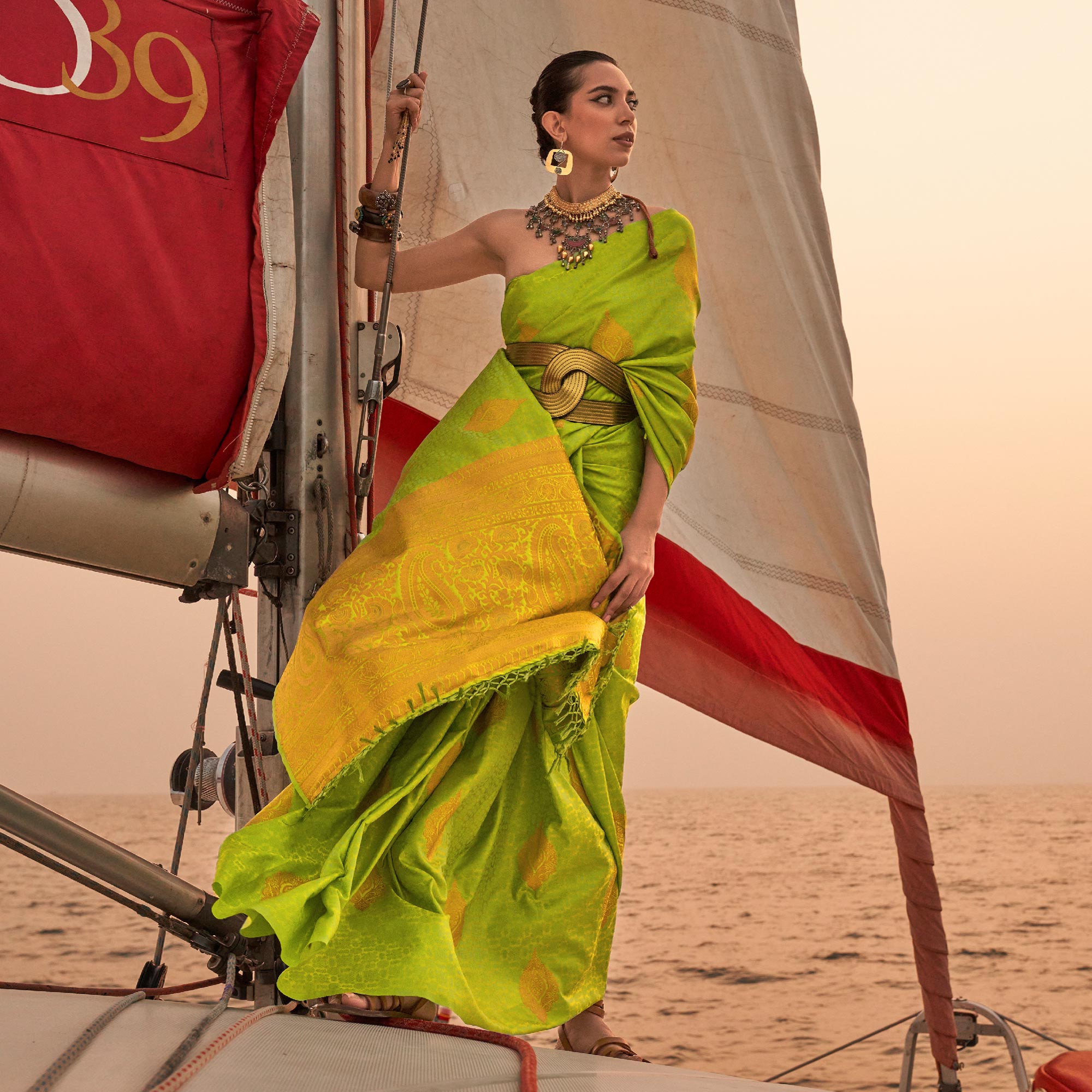 Green Woven Satin Two Tone Saree