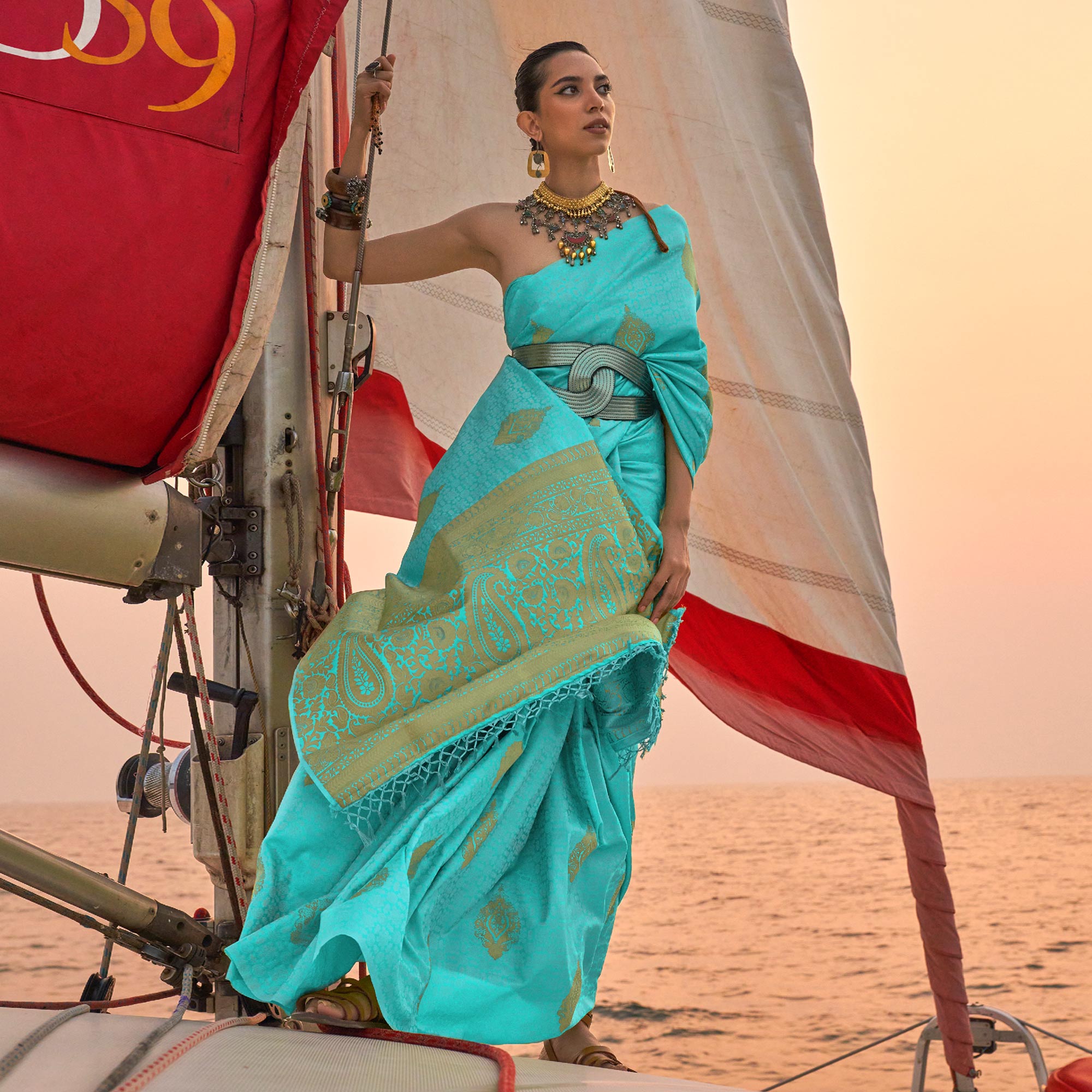 Sky Blue Woven Satin Two Tone Saree