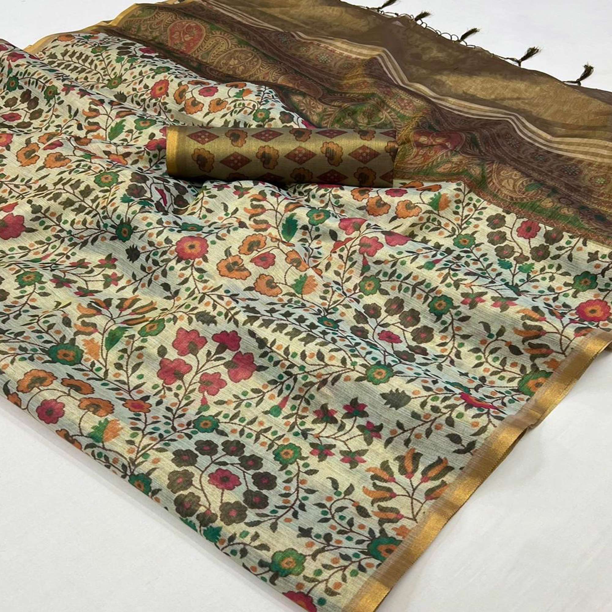 Grey Floral Printed Tissue Saree With Tassels