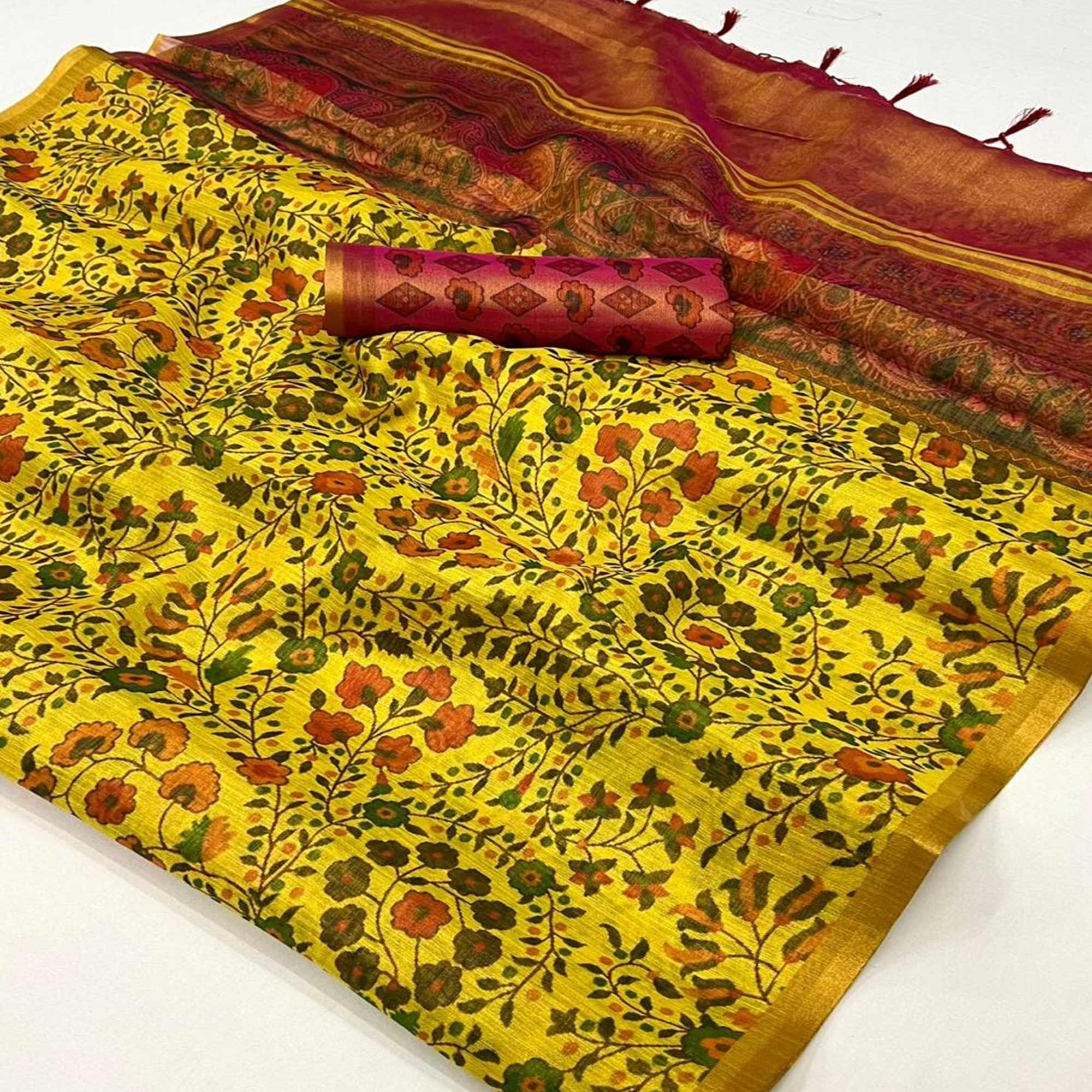 Yellow Floral Printed Tissue Saree With Tassels