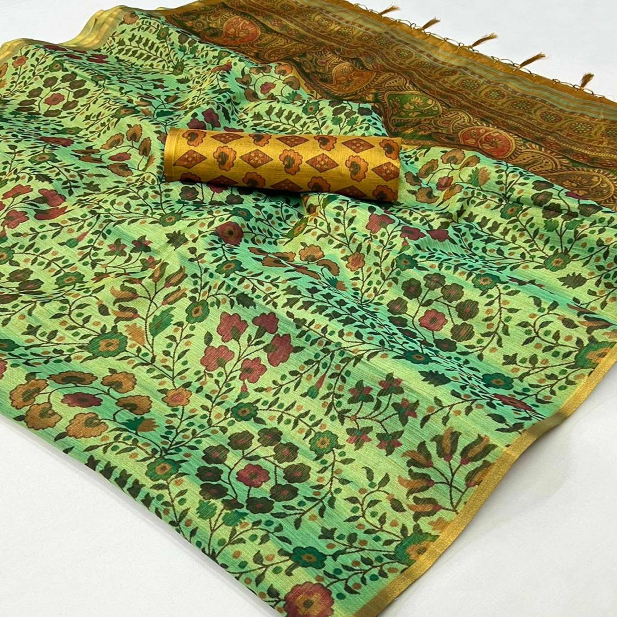 Sea Green Floral Printed Tissue Saree With Tassels