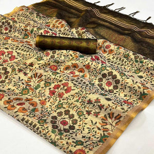 Beige Floral Printed Tissue Saree With Tassels