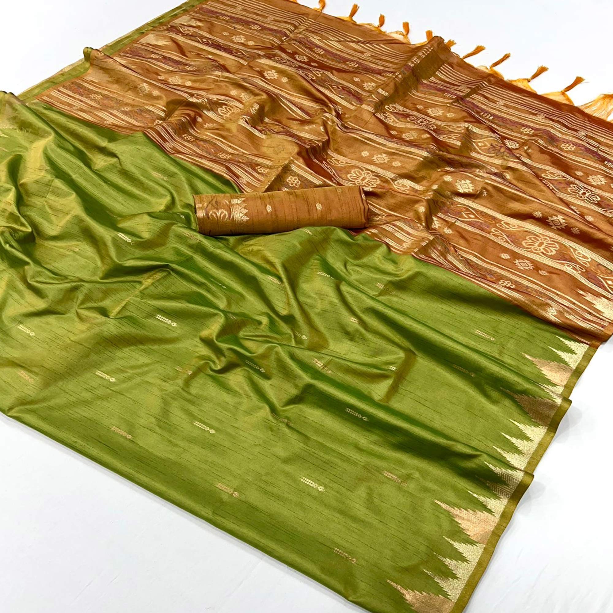 Green Zari Work Woven Tussar Silk Saree With Tassels