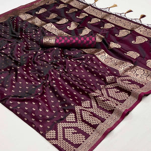 Wine Woven Satin Saree With Tassels