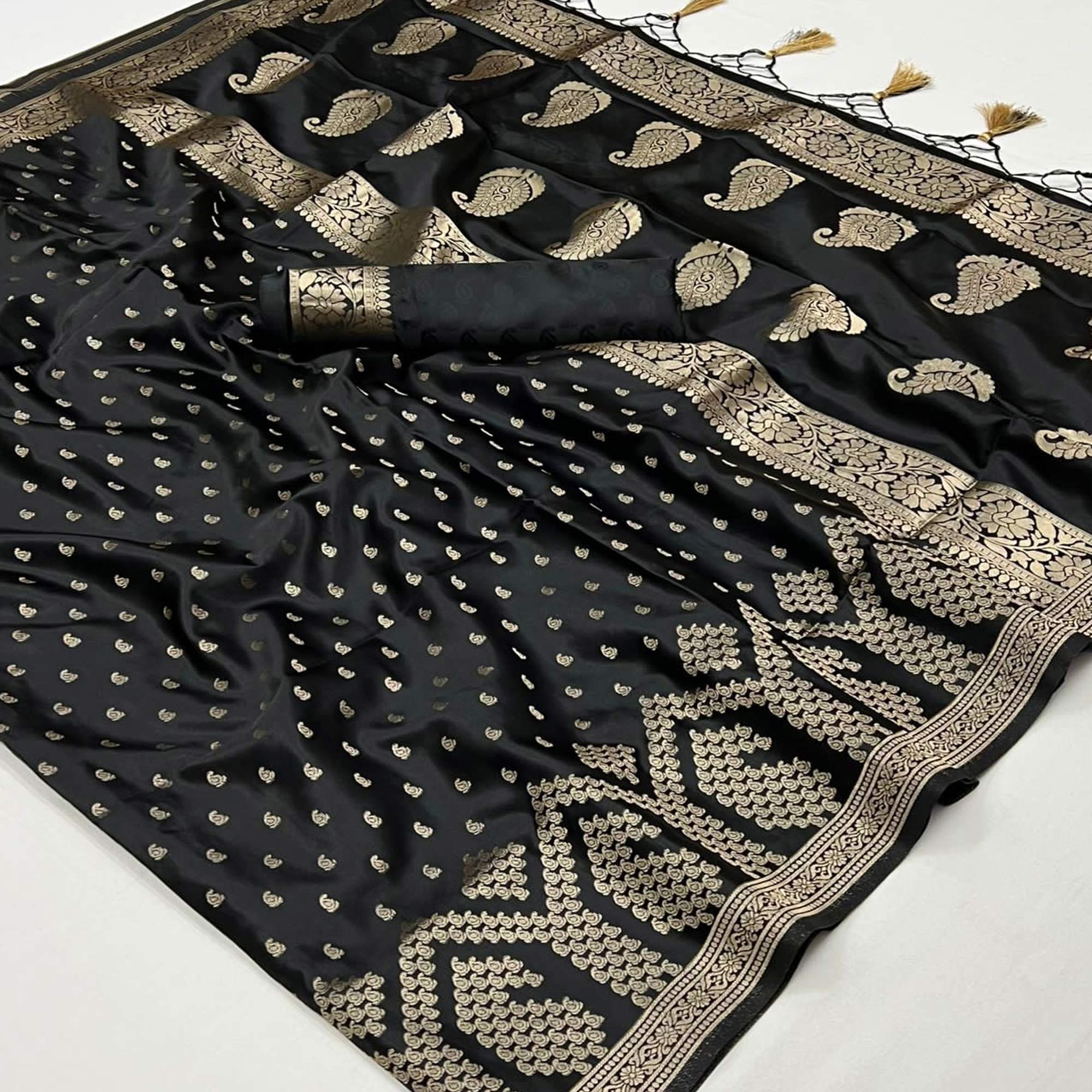 Black Woven Satin Saree With Tassels