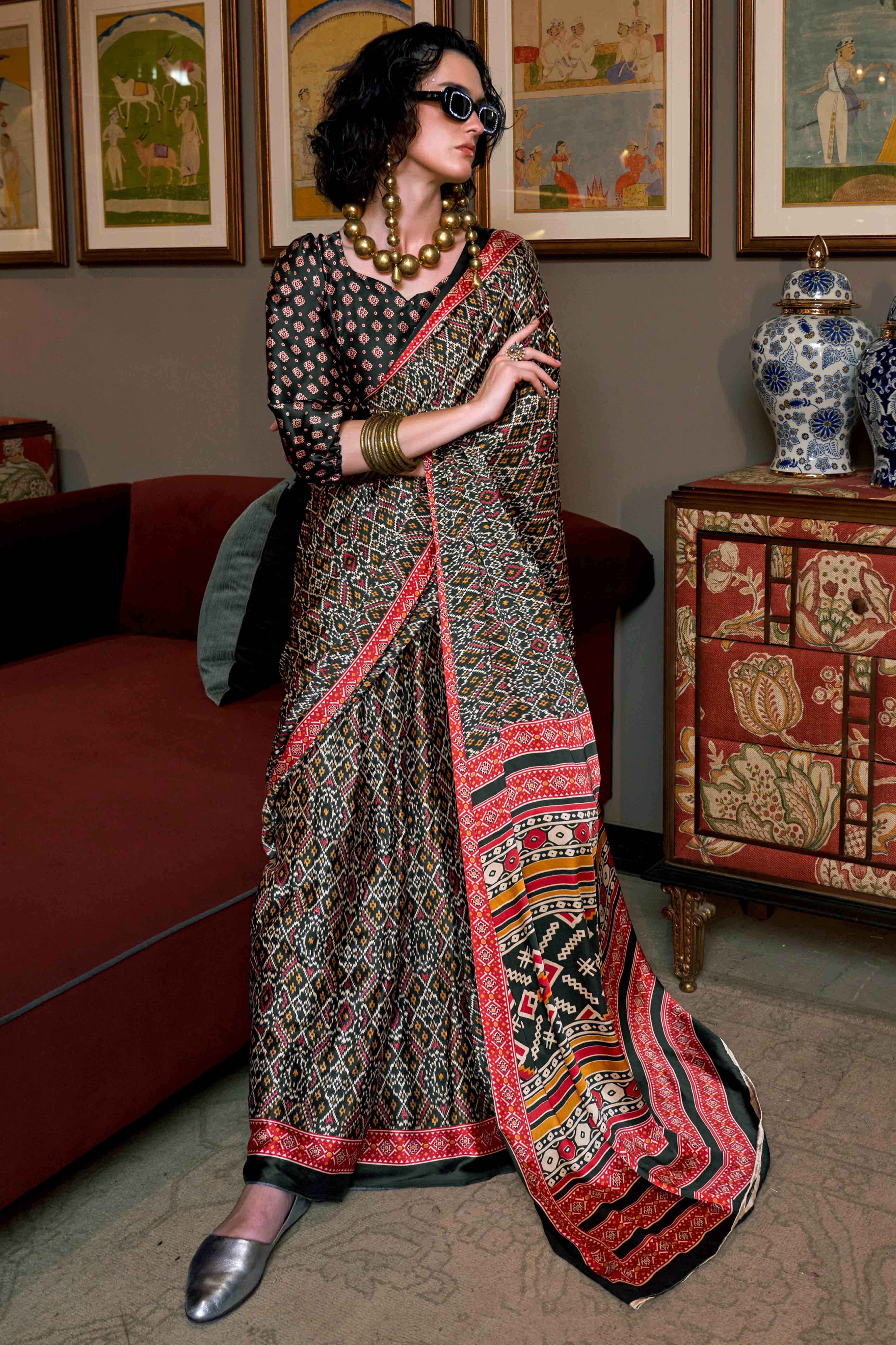 Black Patola Printed Satin Crepe Saree