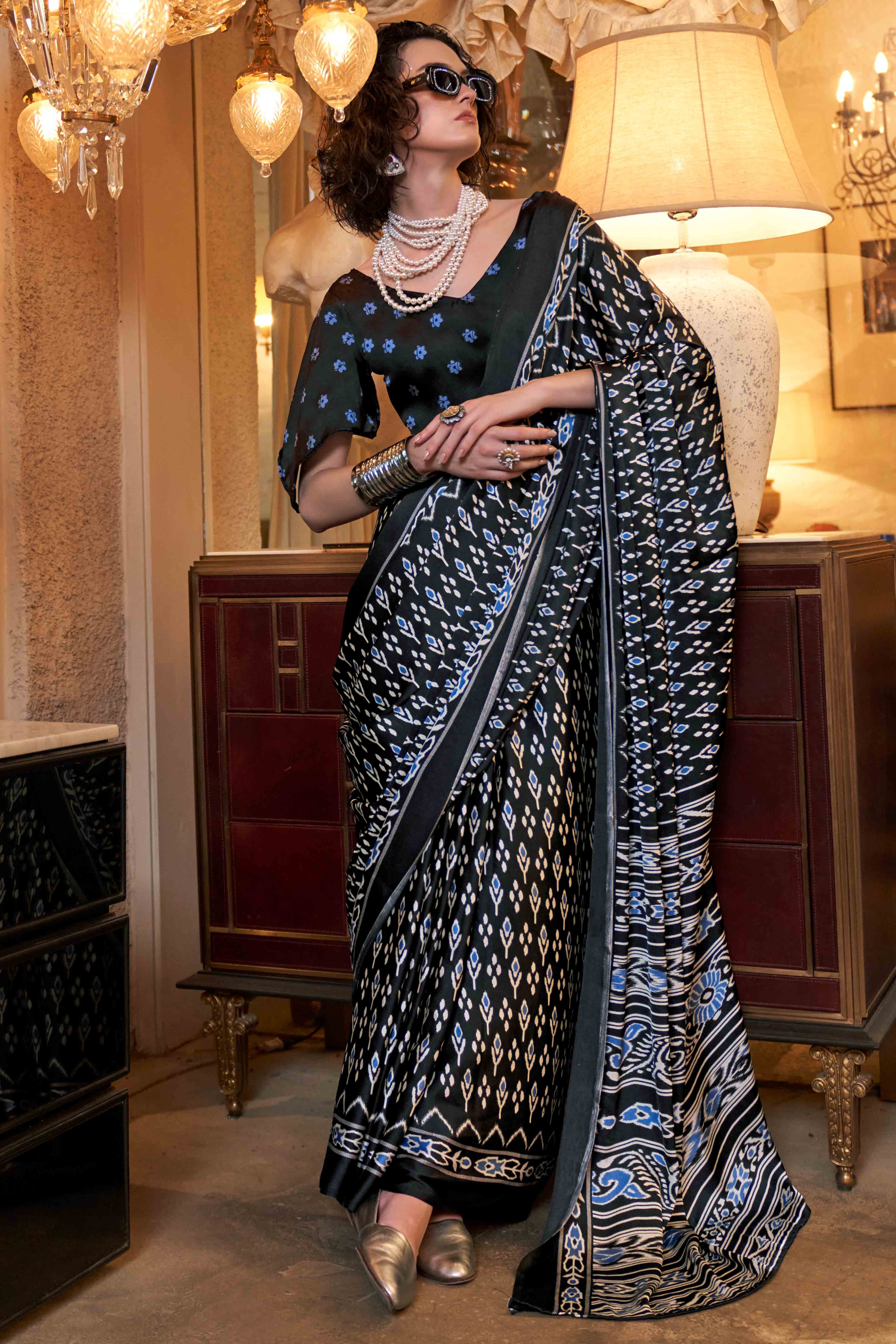 Black Patola Printed Satin Crepe Saree