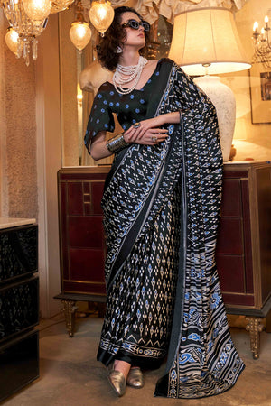Black Patola Printed Satin Crepe Saree
