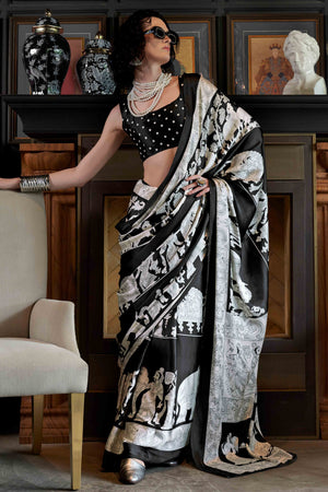 Black & White Abstract Printed Satin Crepe Saree
