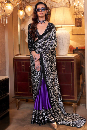 Black & Purple Polka Dot Printed Satin Crepe Saree