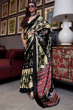 Black & Cream Patola Printed Satin Crepe Saree