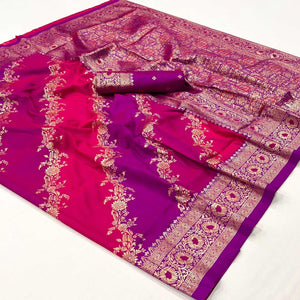 Magenta Floral Woven Art Silk Saree With Tassels