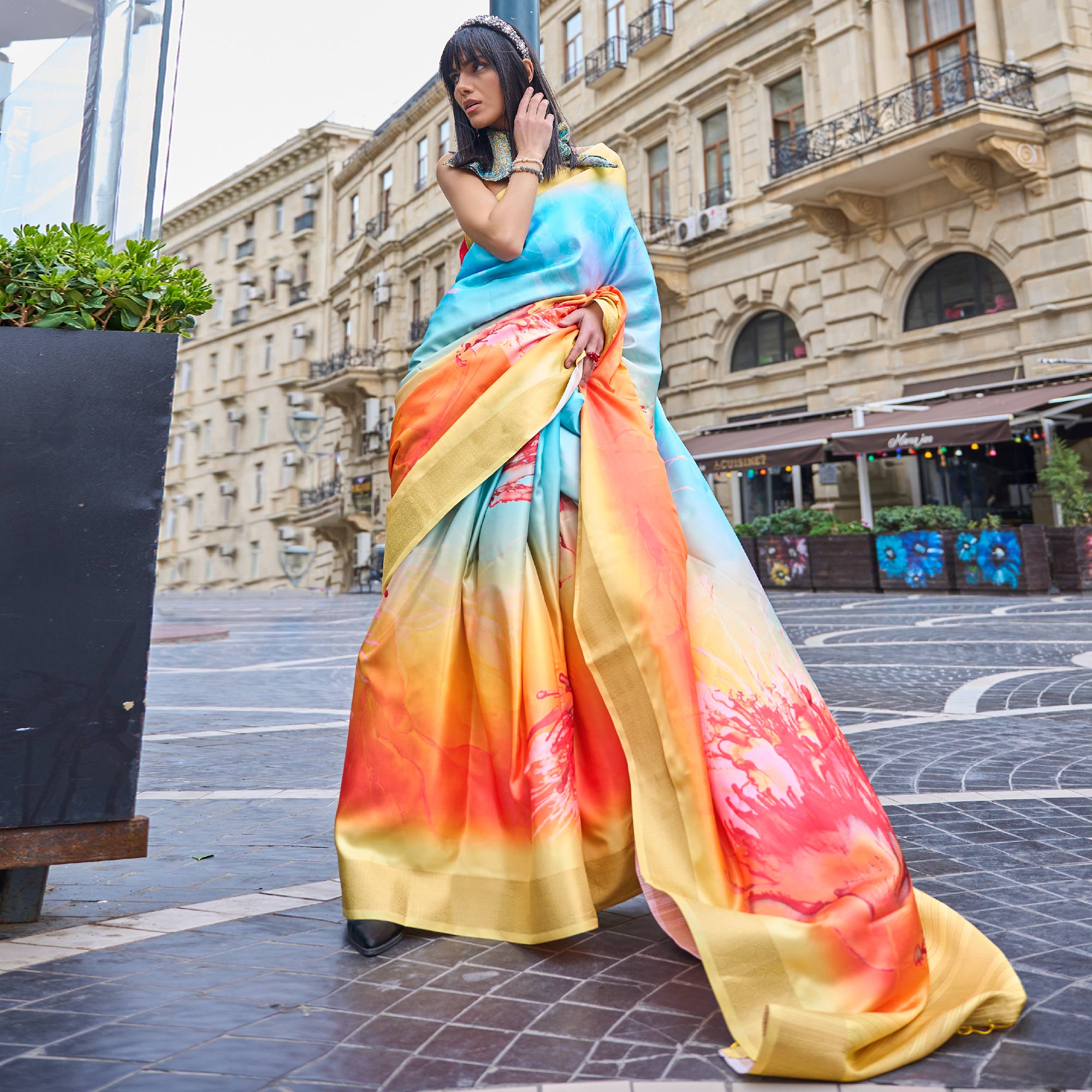 Yellow & Blue Digital Printed Satin Saree With Tassels