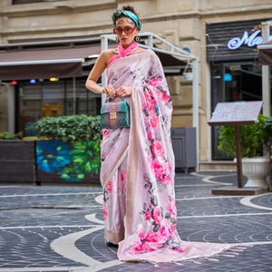 Pink Digital Printed Satin Saree With Tassels