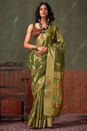 Green Floral Zari Woven Tissue Paithani Style Saree