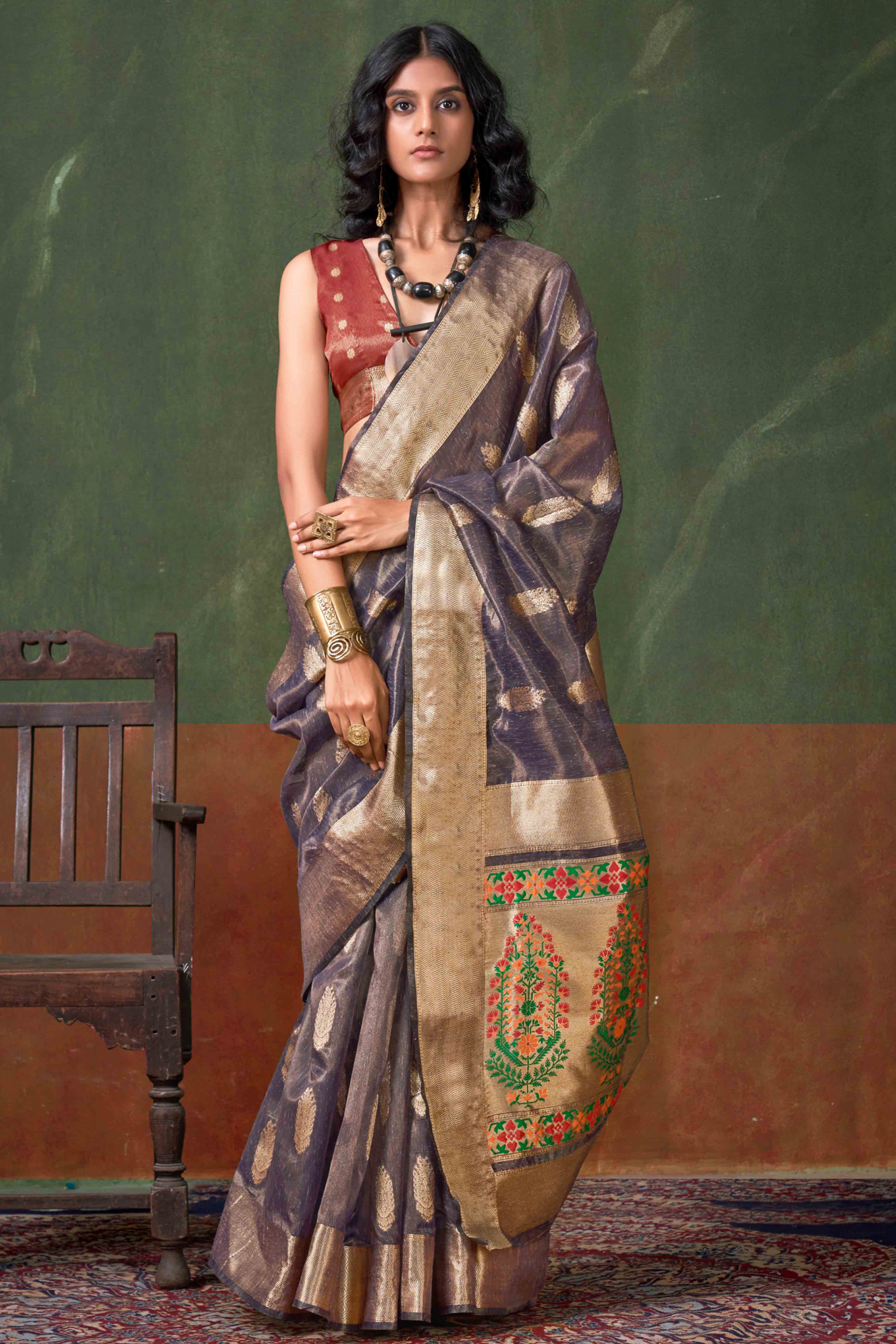 Lavender Floral Zari Woven Tissue Paithani Style Saree