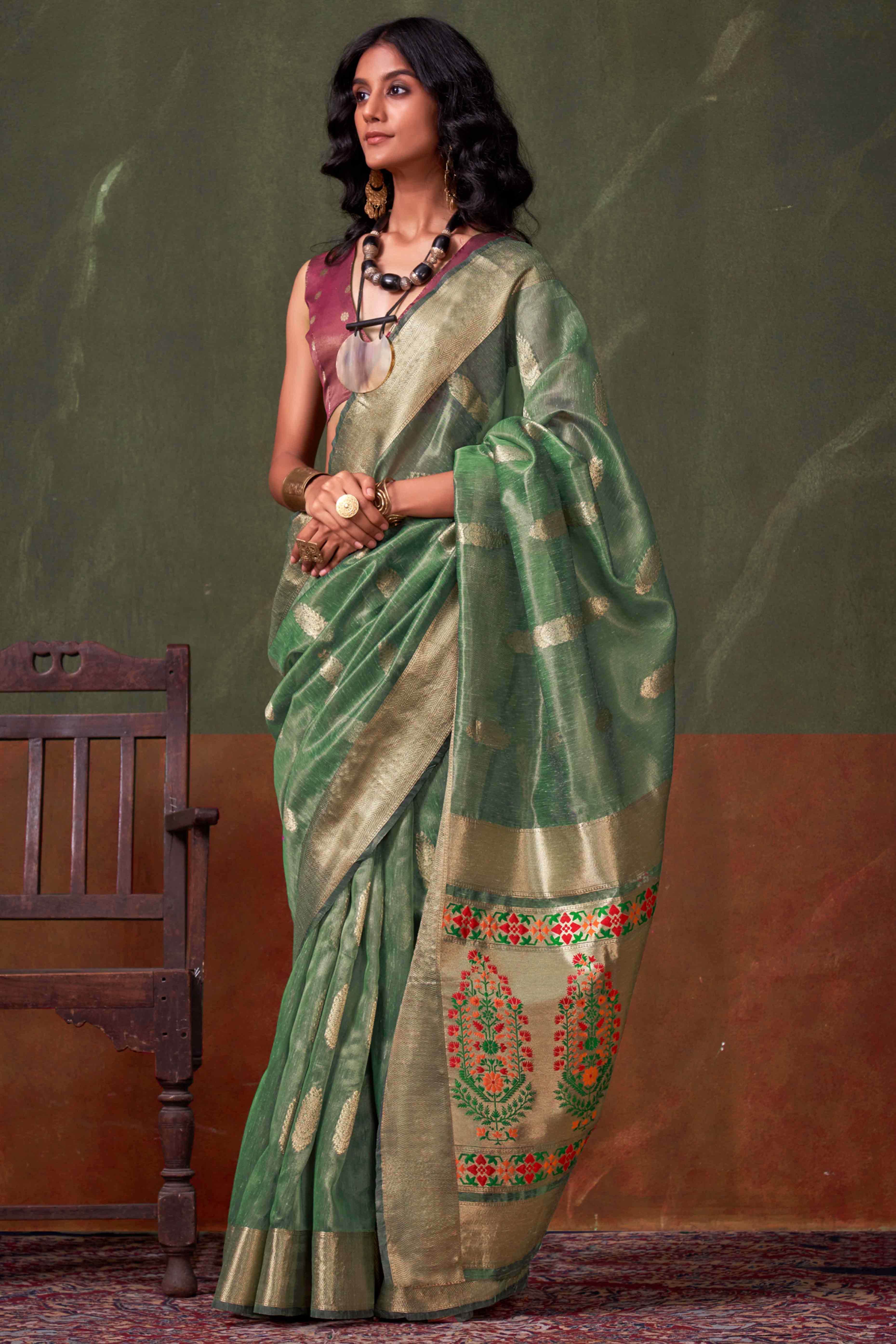 Rama Green Floral Zari Woven Tissue Paithani Style Saree