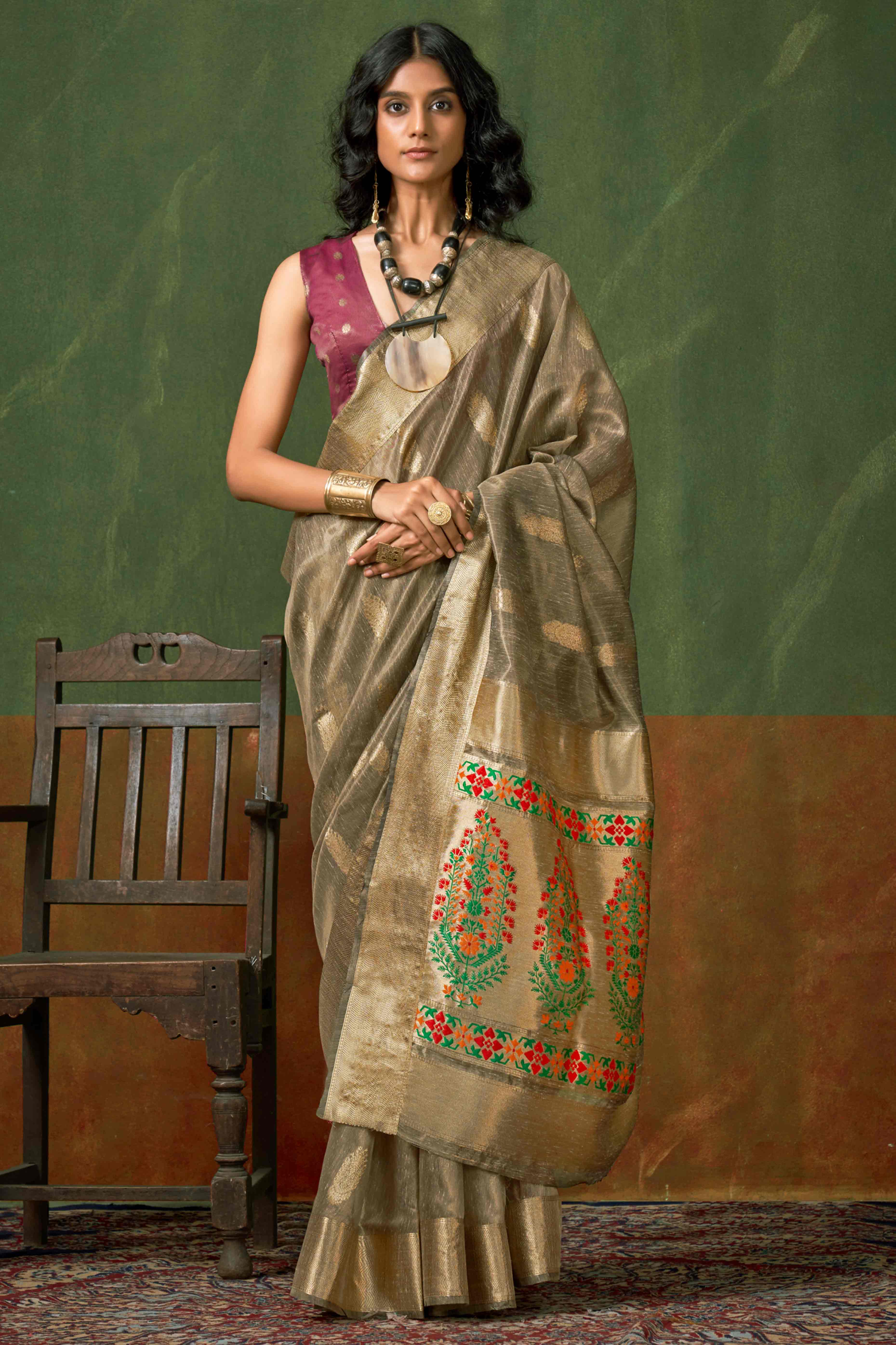 Brown Floral Zari Woven Tissue Paithani Style Saree