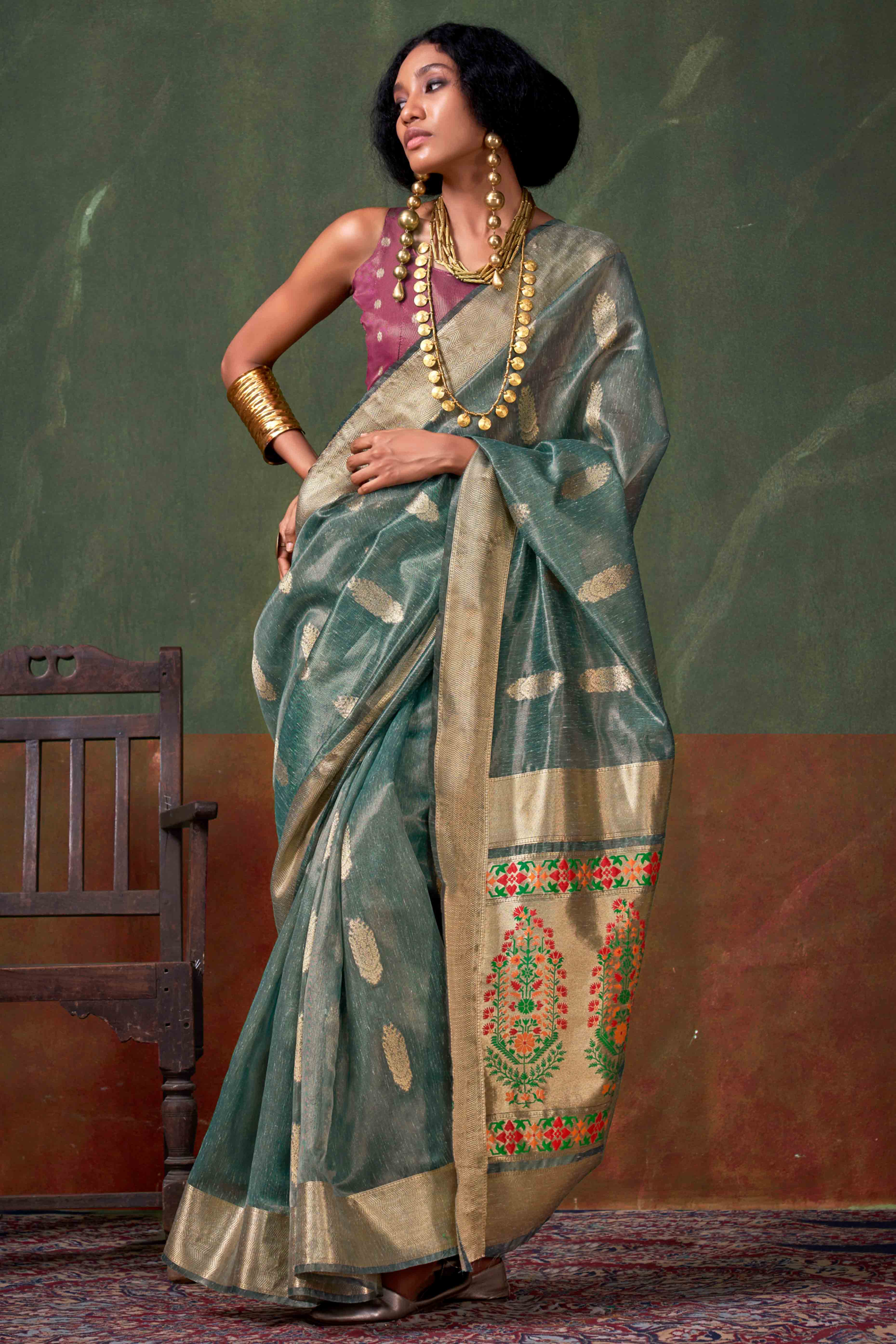 Blue Floral Zari Woven Tissue Paithani Style Saree