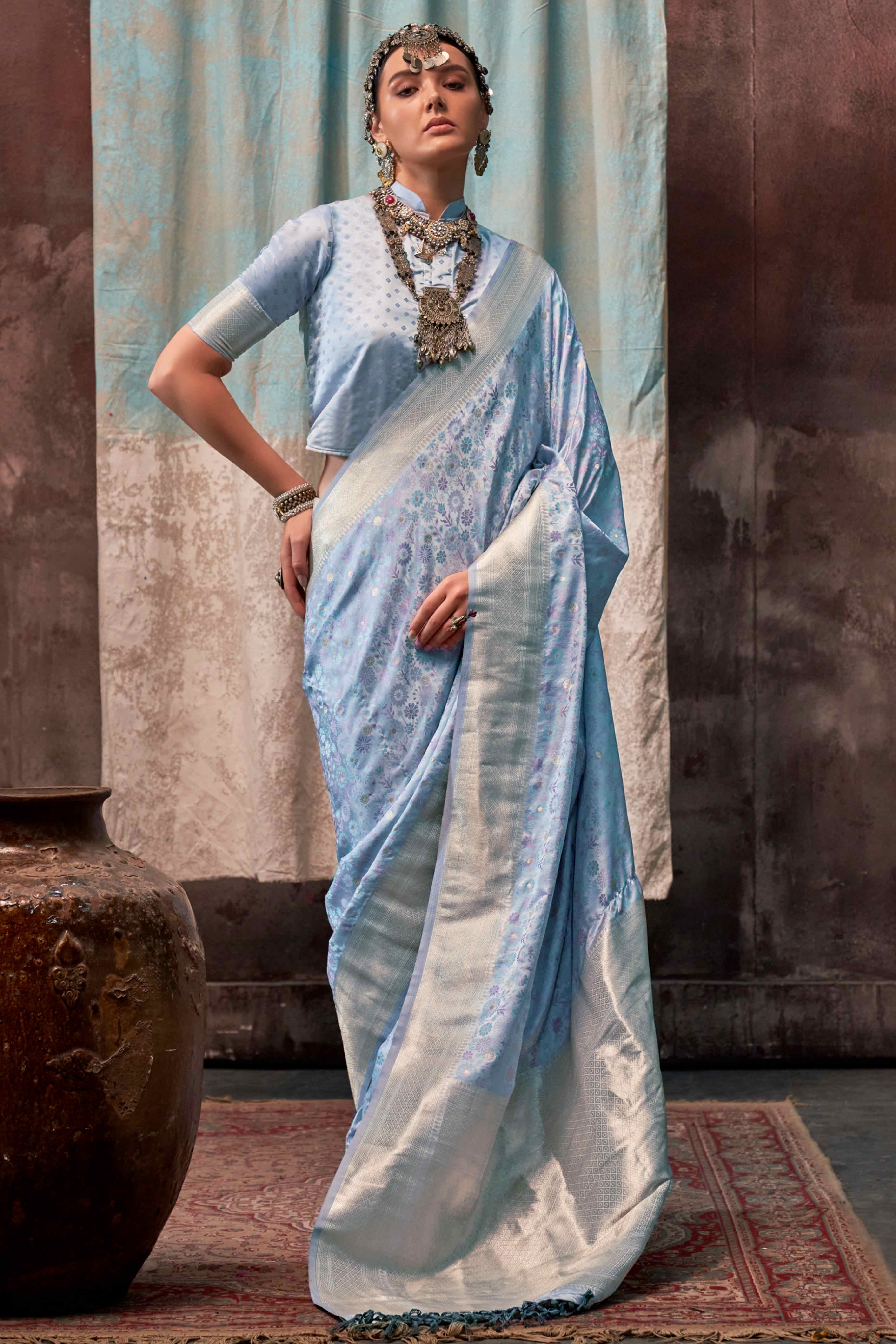 Pastel Blue Handloom Woven Pure Satin Saree