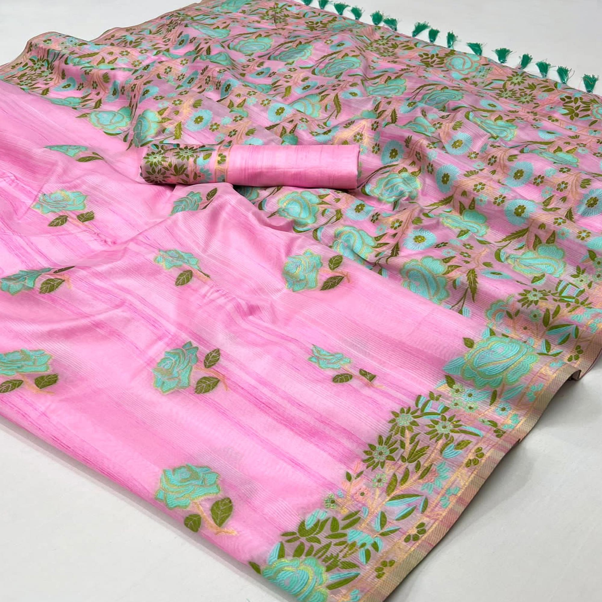 Pink Floral Woven Pure Silk Saree With Tassels