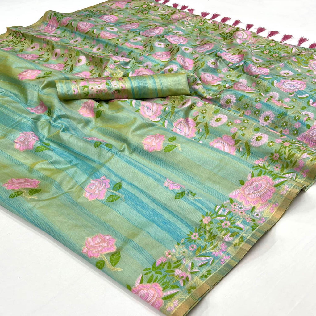 Green Pure Viscose Satin Floral Print Satin Saree main image 0