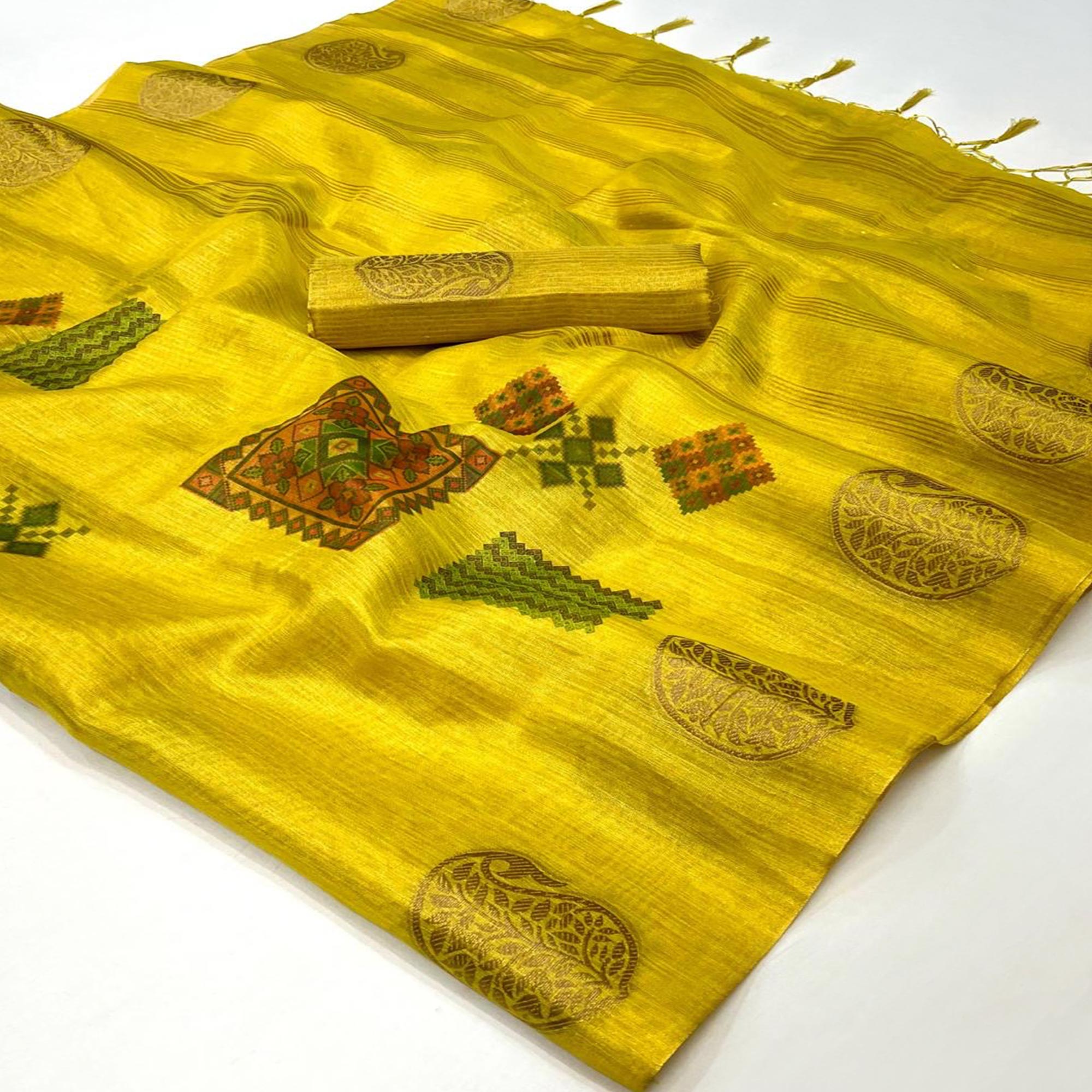 Yellow Woven Art Silk Saree With Digital Print