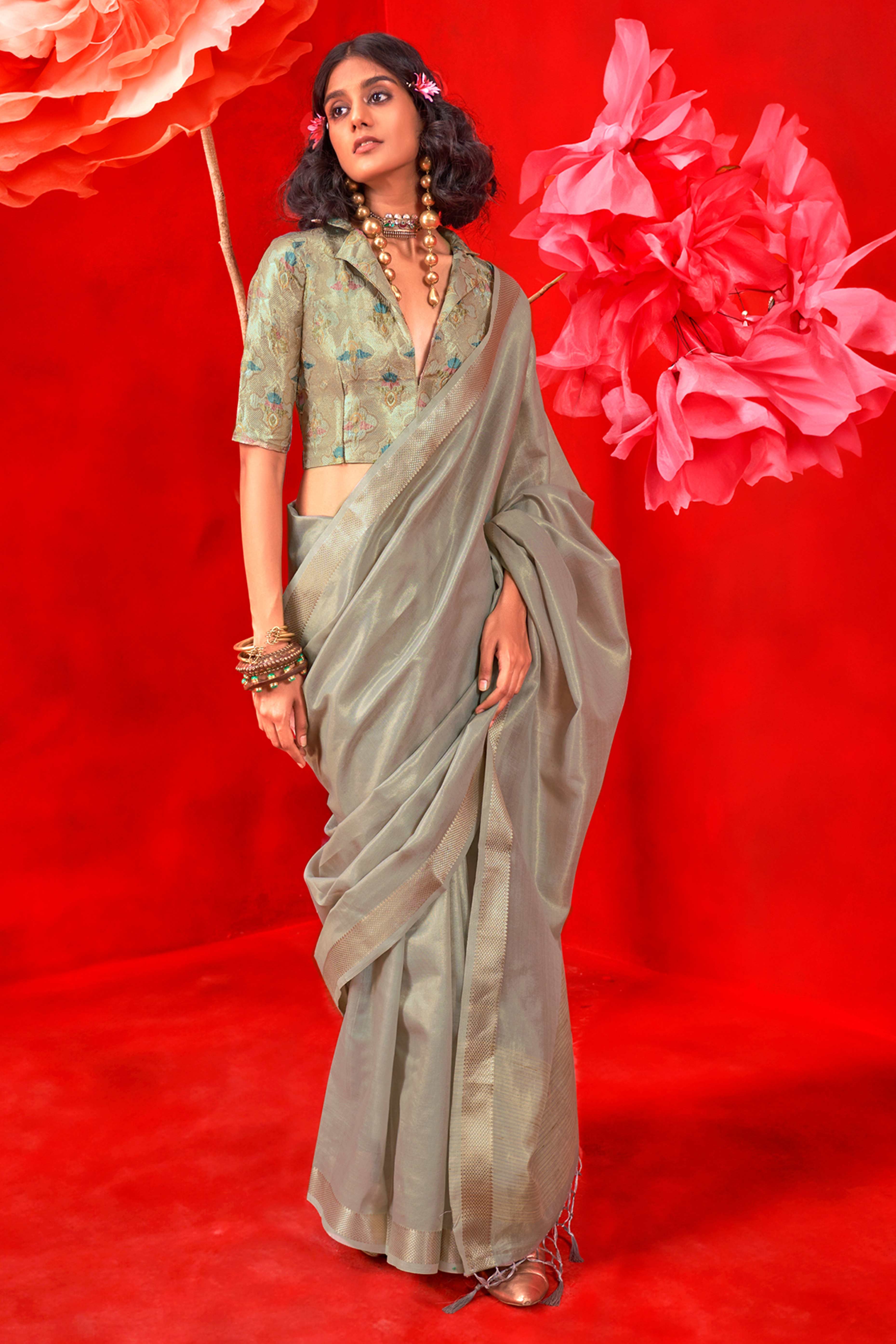 Delicate Grey Saree with Classic Zari Weaving on Tissue Fabric