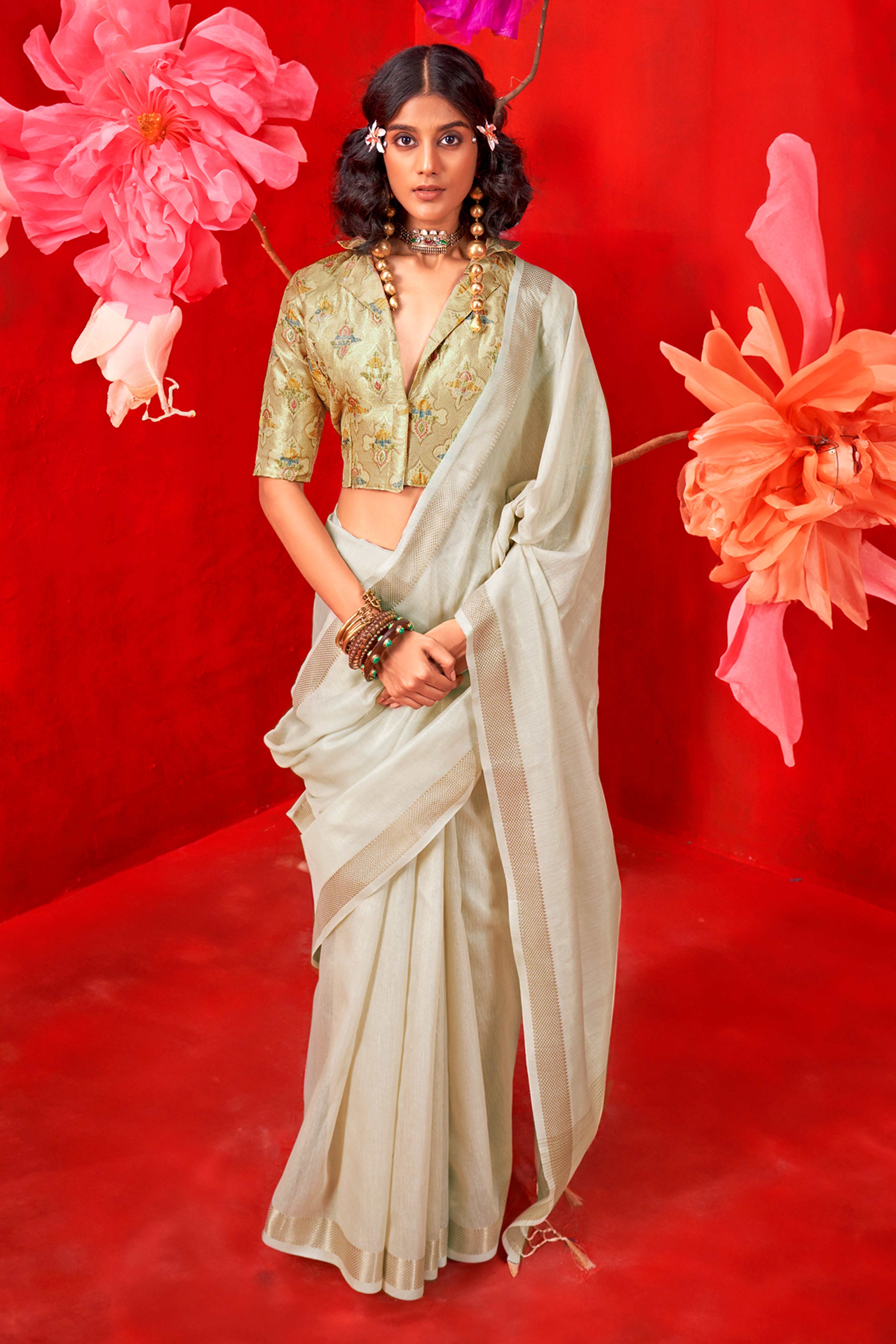 Delicate Off White Saree with Classic Zari Weaving on Tissue Fabric