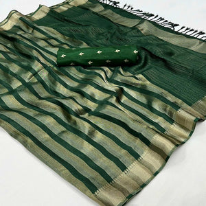 Green Woven Viscose Saree With Tassels