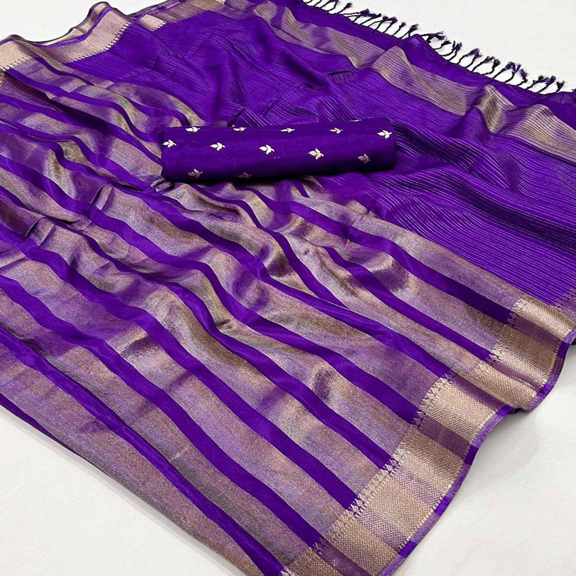 Purple Woven Viscose Saree With Tassels