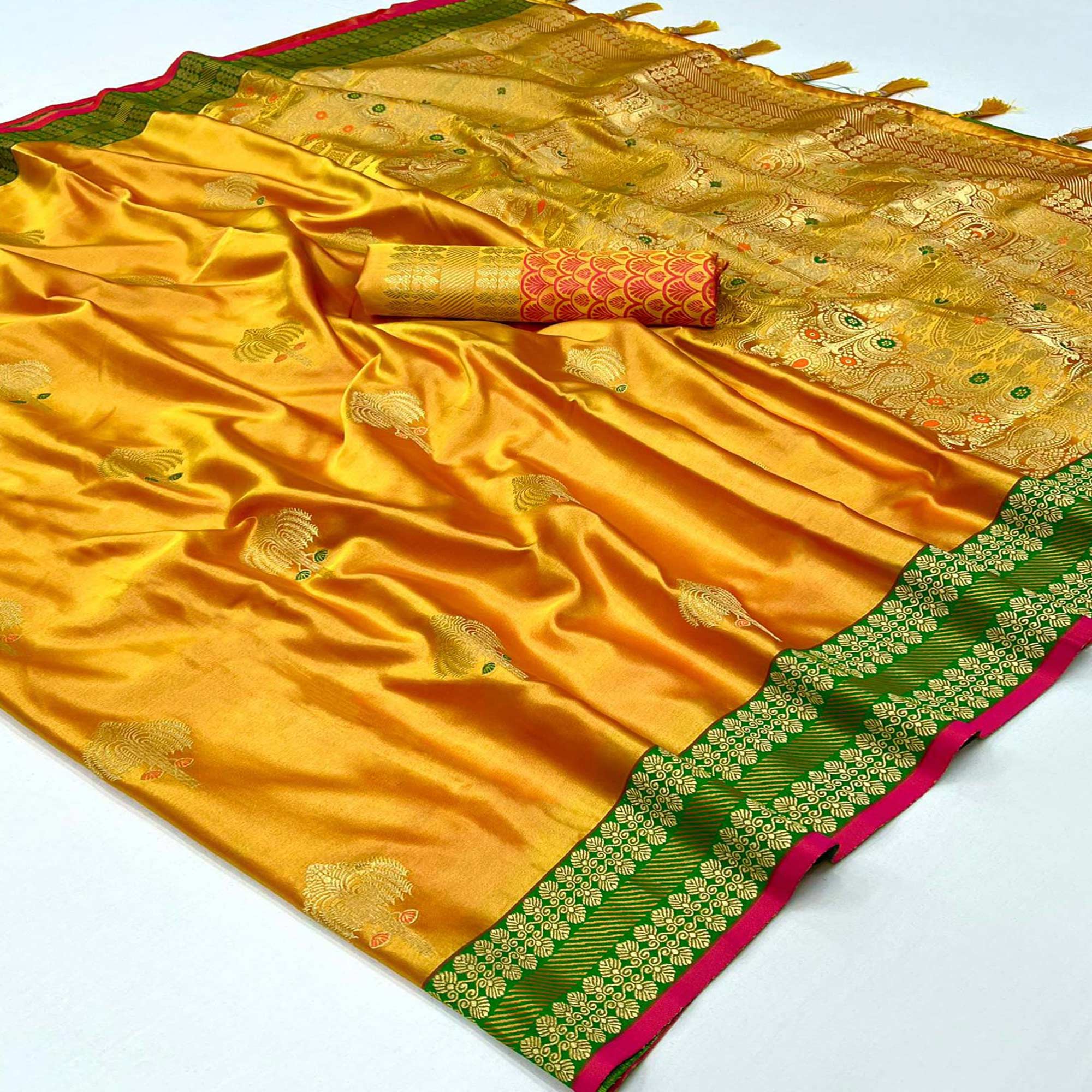 Yellow Woven Satin Saree With Tassels