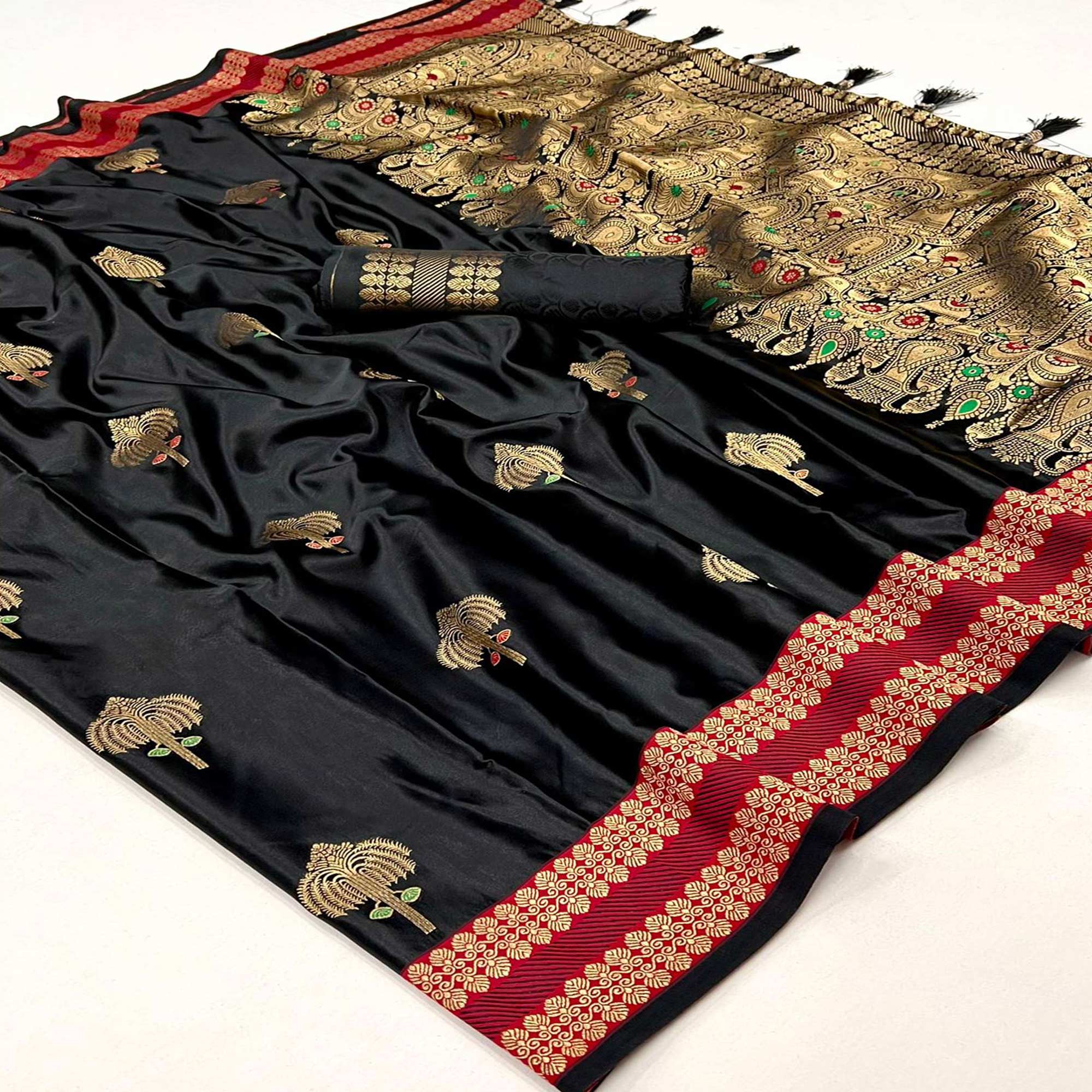 Black Woven Satin Saree With Tassels