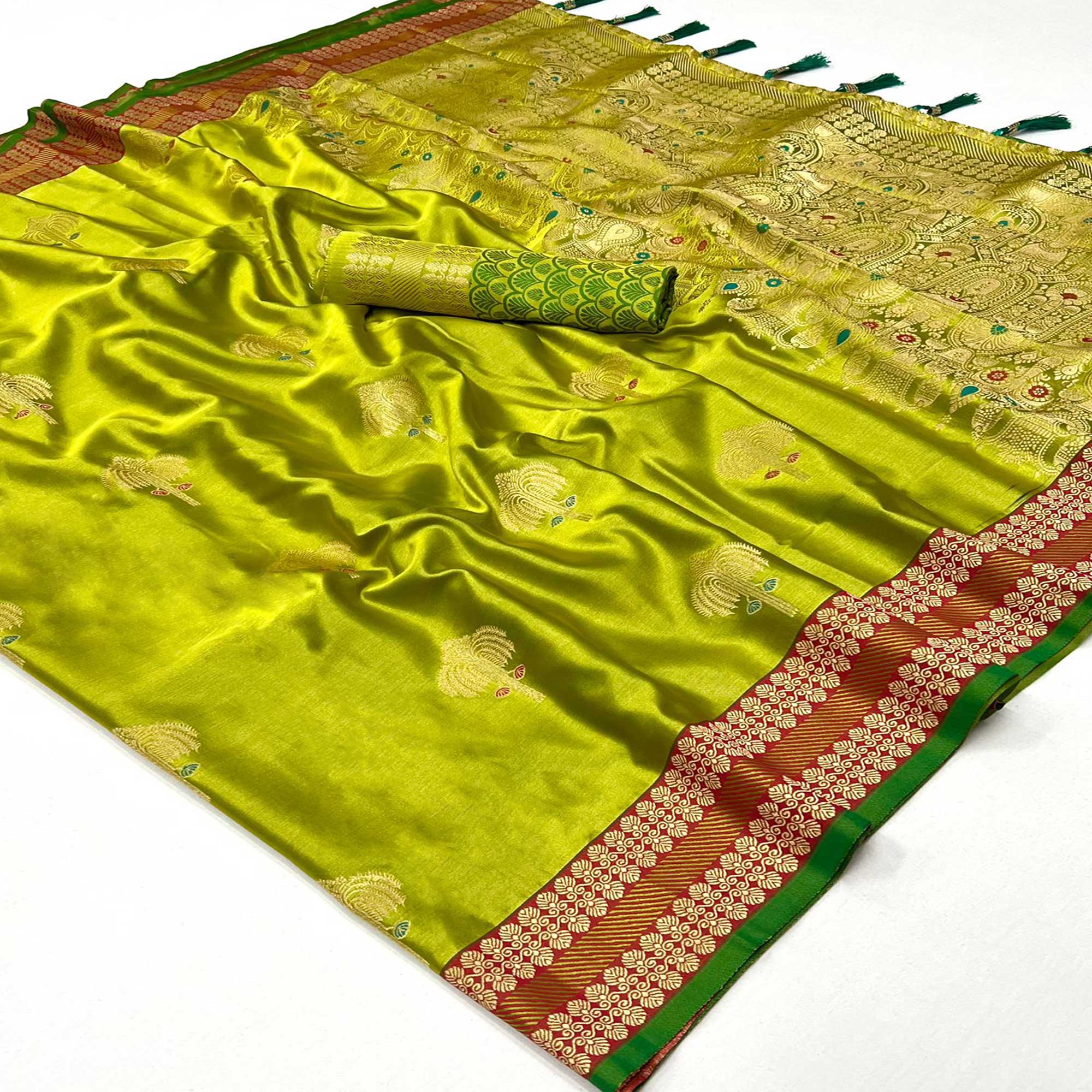 Green Woven Satin Saree With Tassels