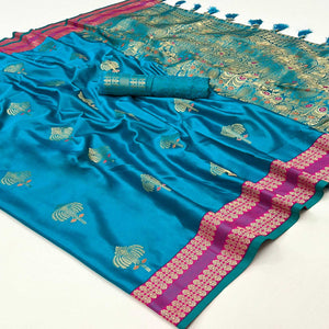 Rama Blue Woven Satin Saree With Tassels