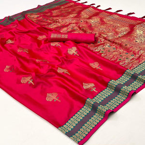 Pink Woven Satin Saree With Tassels