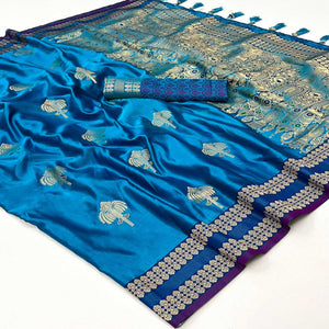 Peacock Blue Woven Satin Saree With Tassels