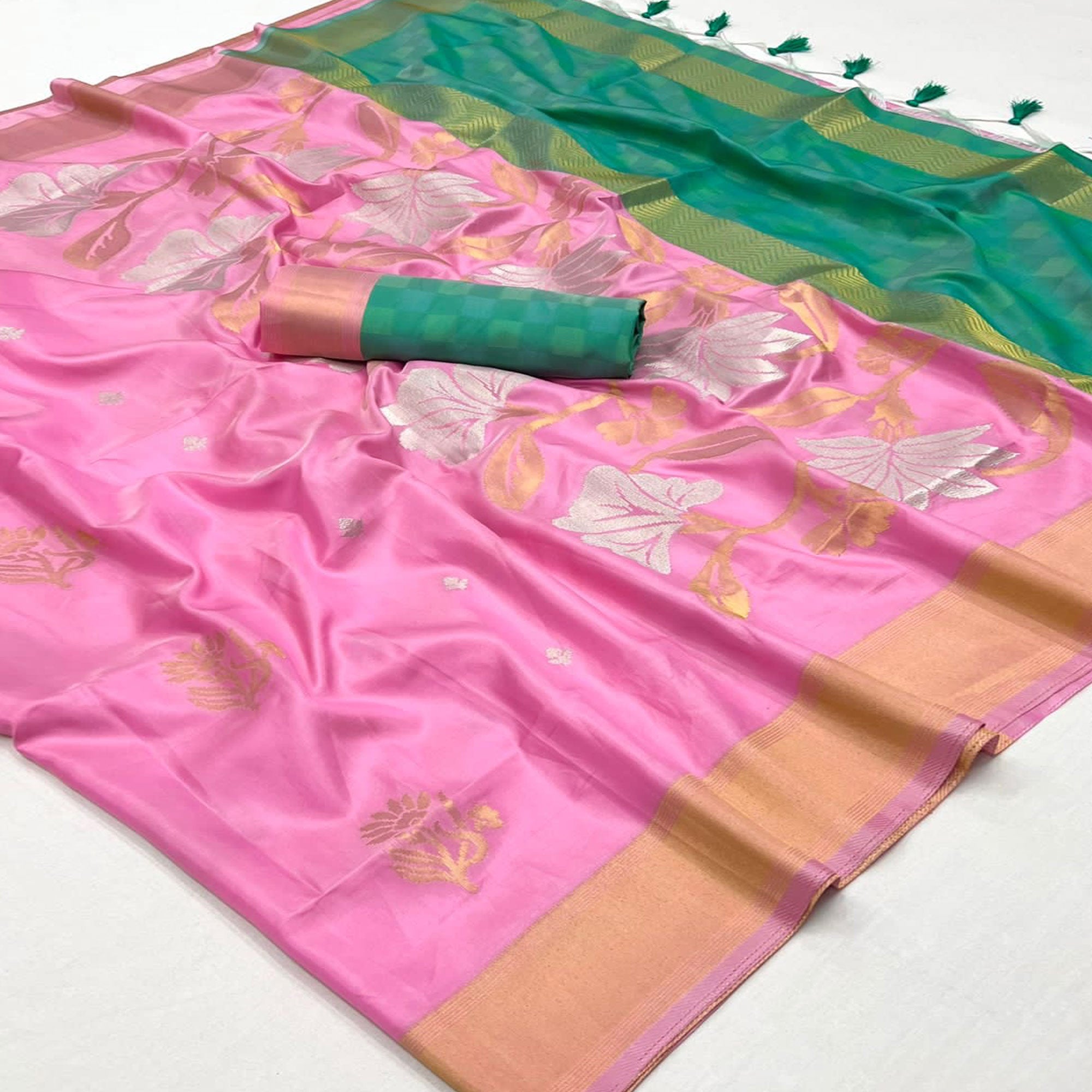 Pink Floral Woven Art Silk Saree With Tassels