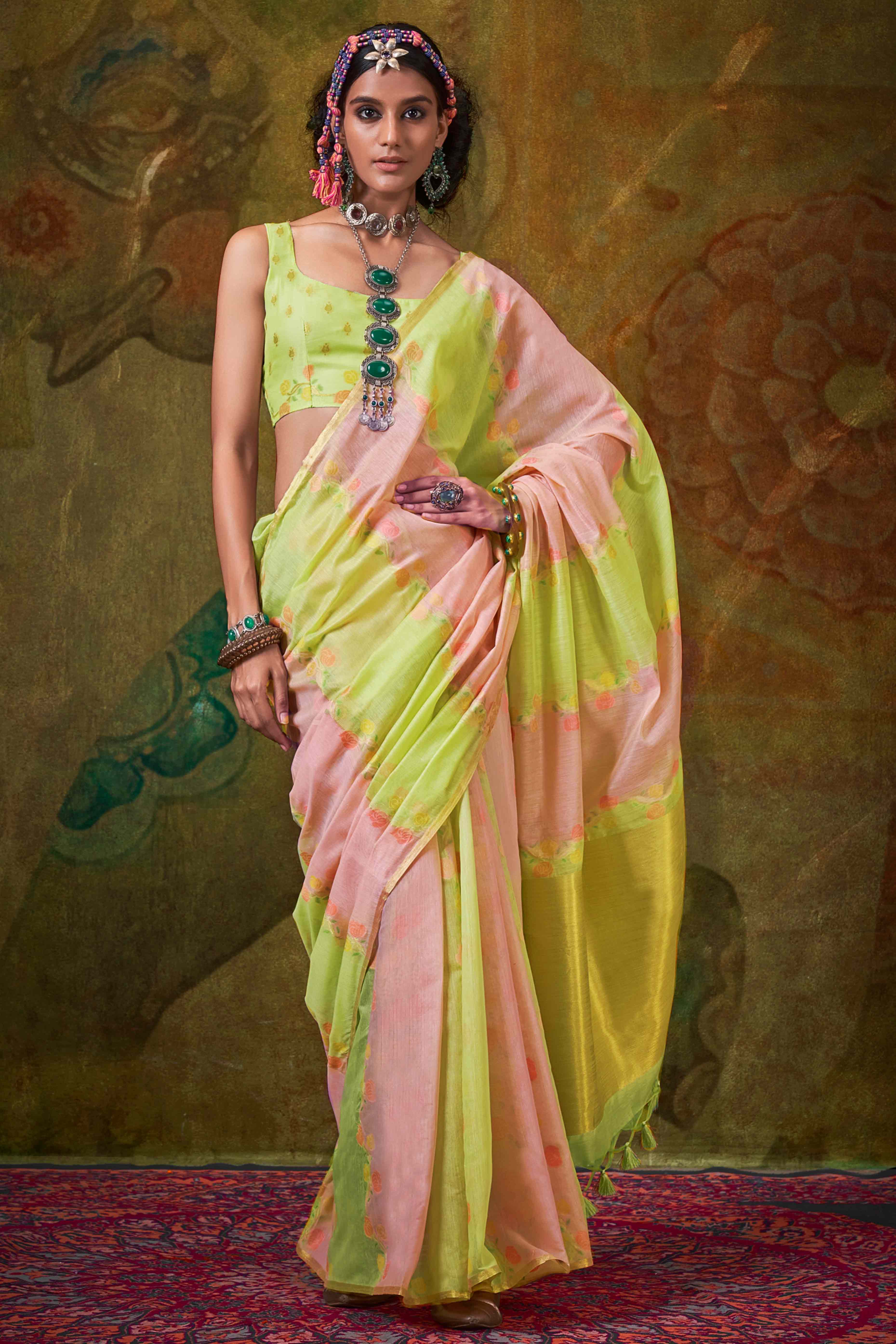 Pastel Green & Light Pink Floral Handwoven Cotton Blend Saree