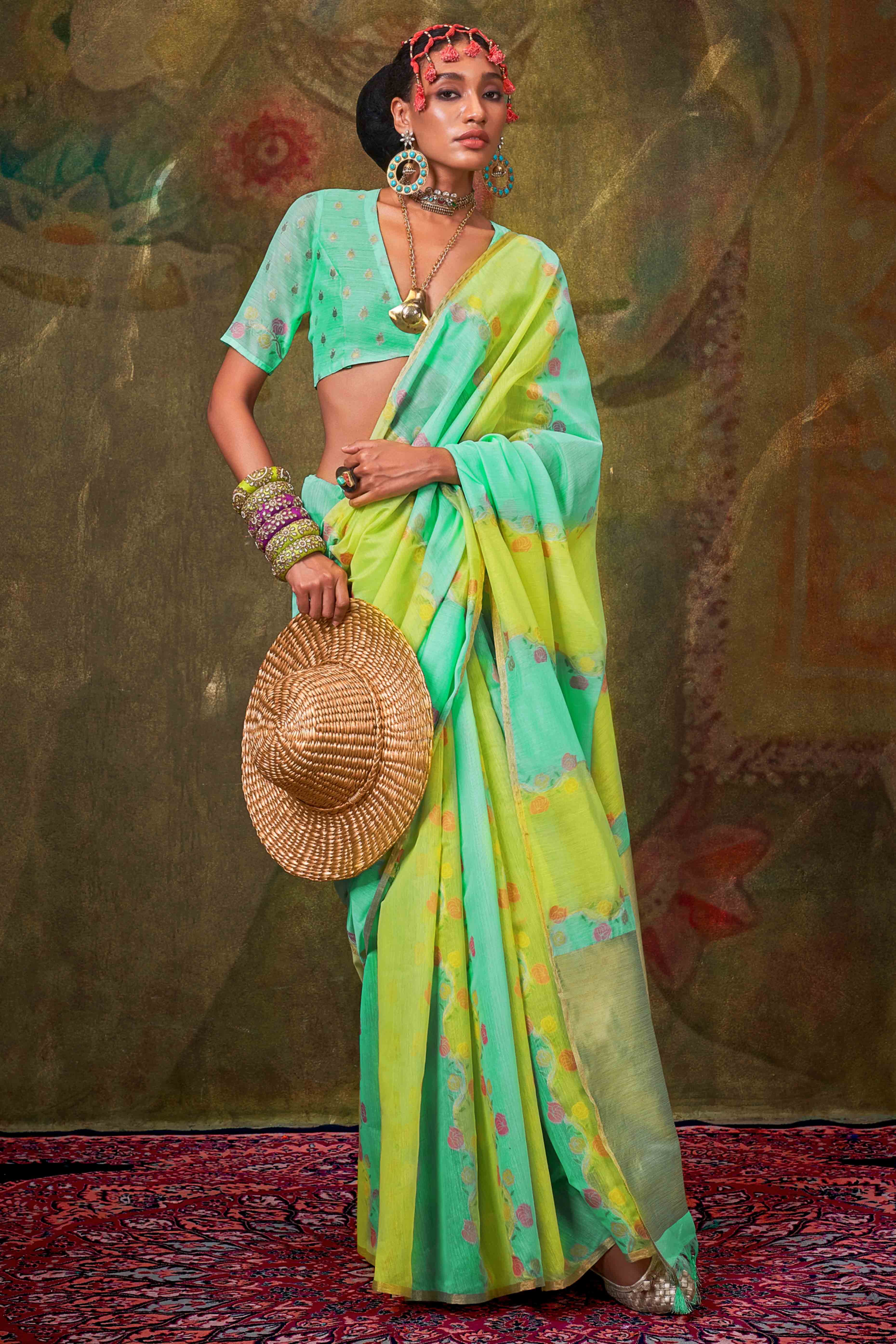 Turquoise & Green Floral Handwoven Cotton Blend Saree