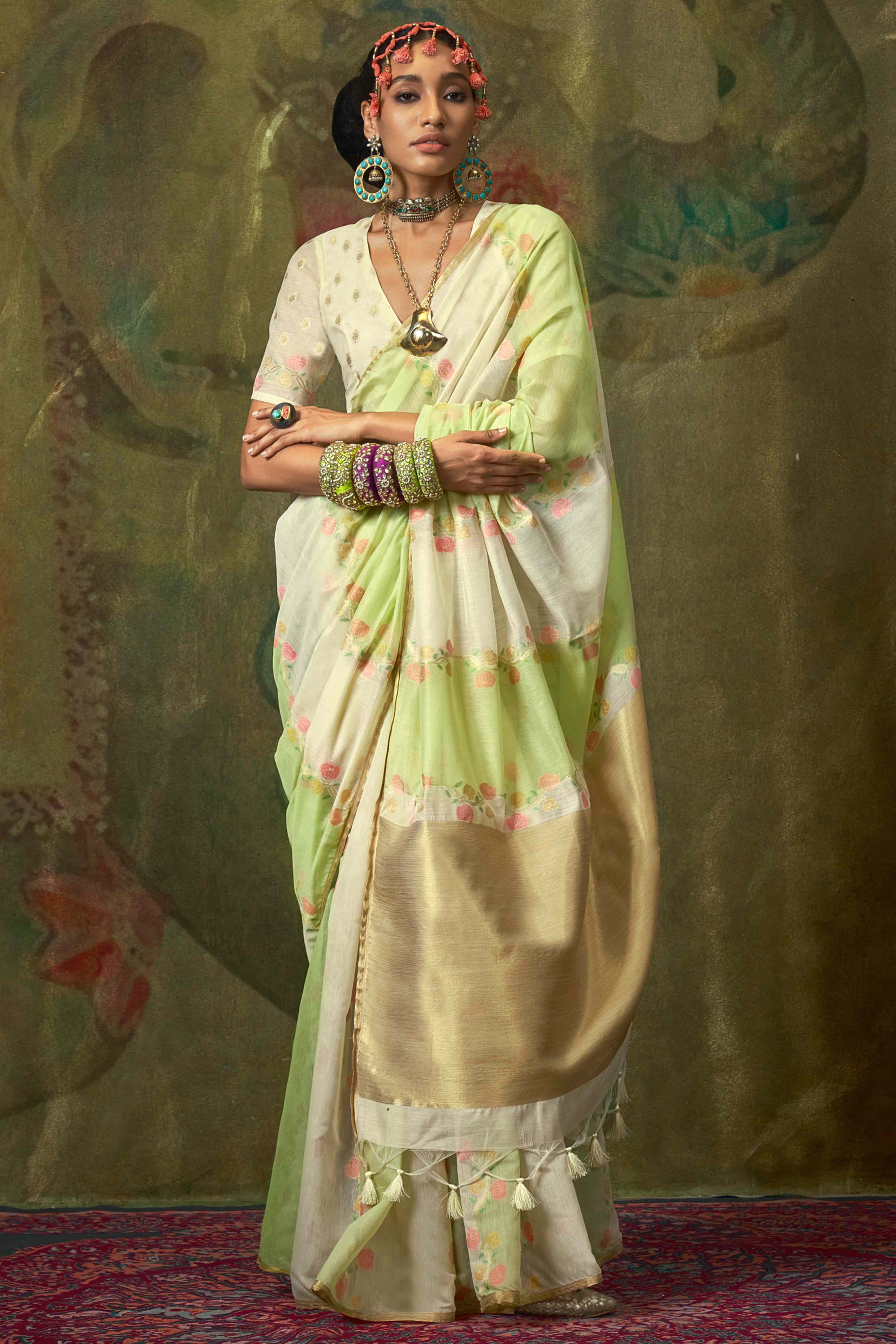 Cream & Pastel Green Floral Handwoven Cotton Blend Saree