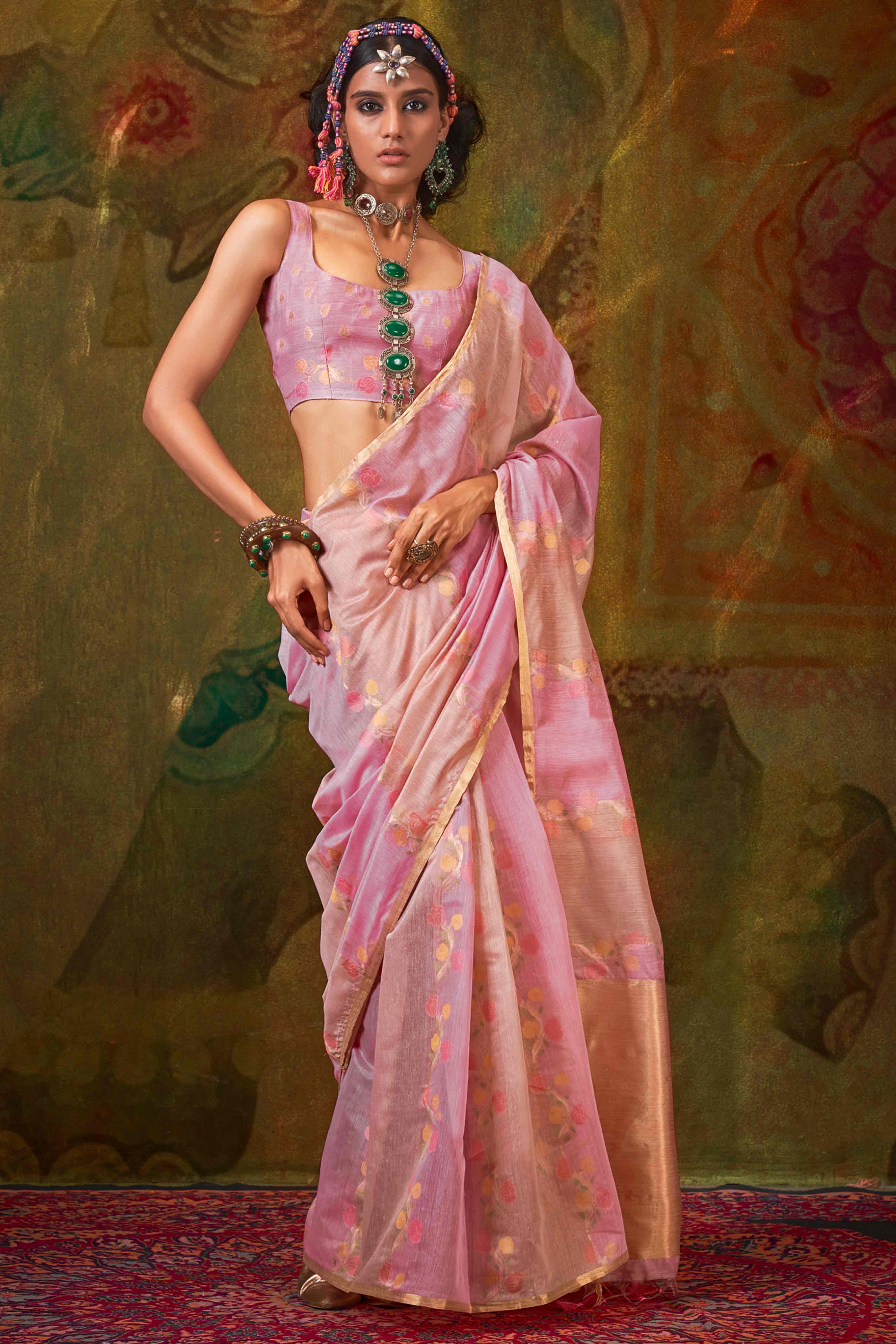 Soft Lavender With Pink Floral Handwoven Cotton Blend Saree