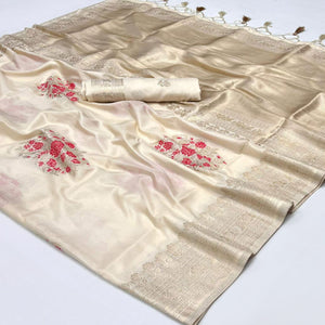 Beige Floral Woven Art Silk Saree With Tassels