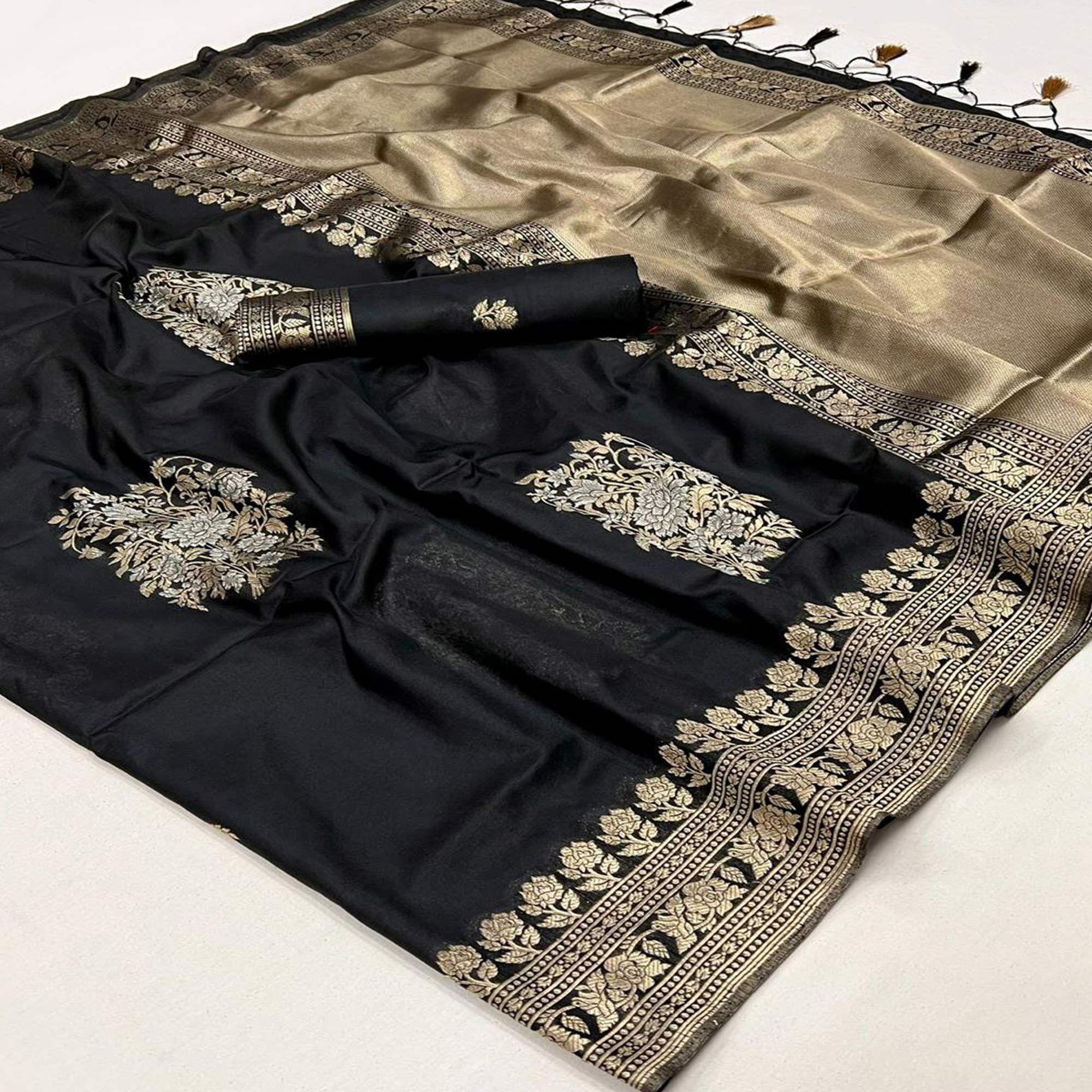 Black Floral Woven Art Silk Saree With Tassels