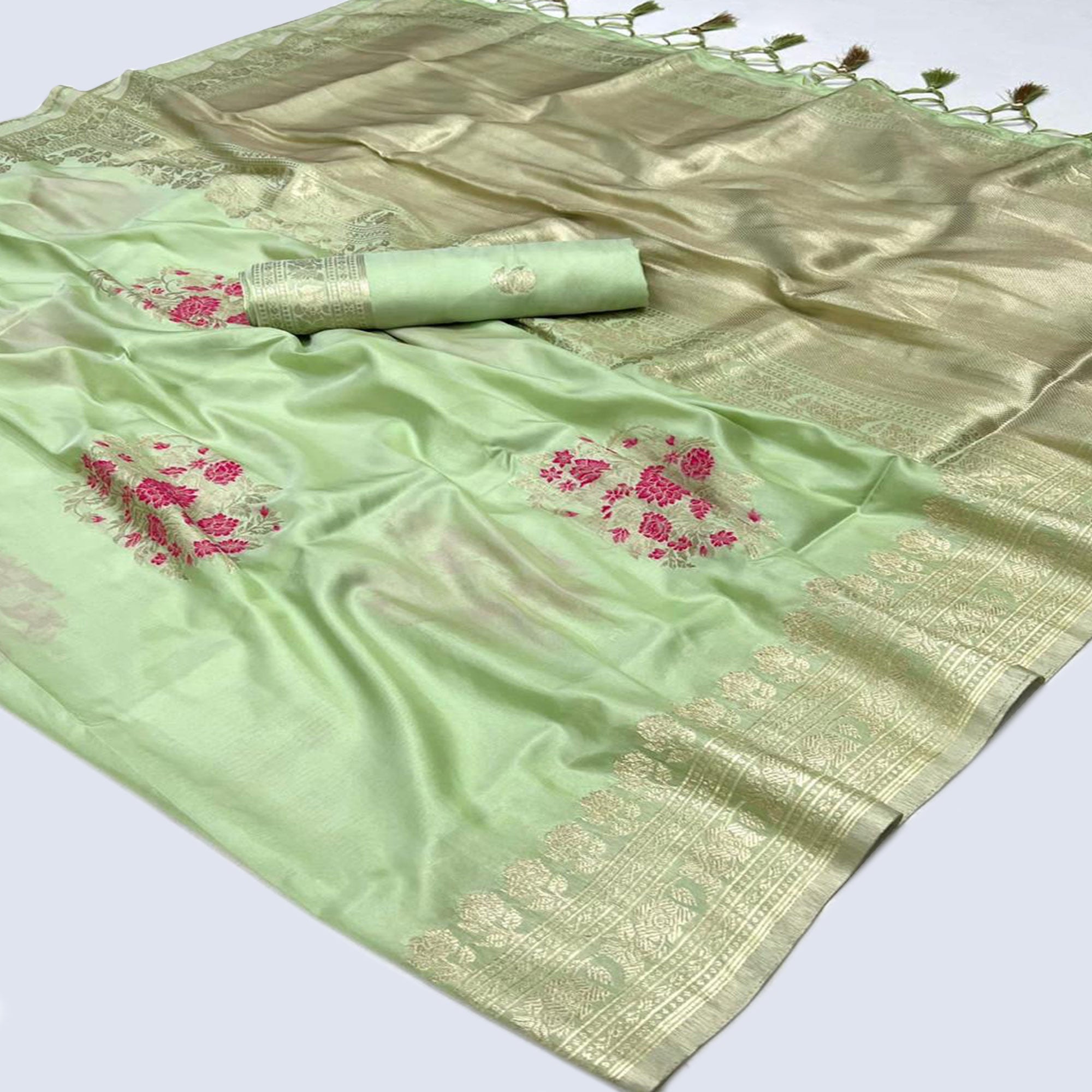 Green Floral Woven Art Silk Saree With Tassels