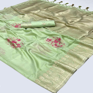 Green Floral Woven Art Silk Saree With Tassels