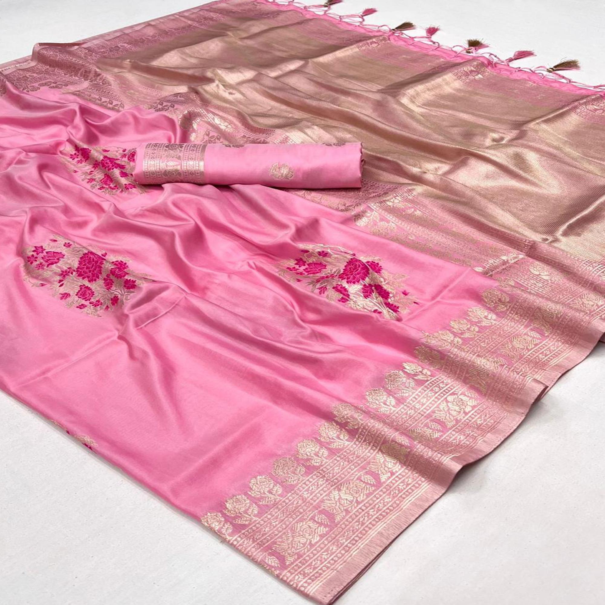 Pink Floral Woven Art Silk Saree With Tassels