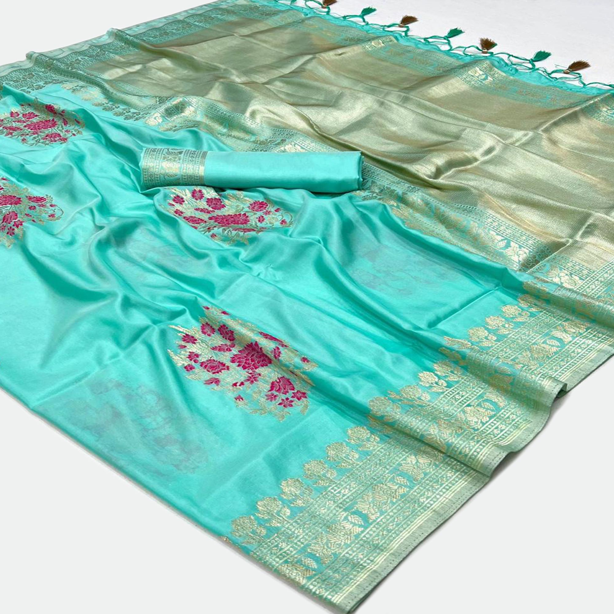 Turquoise Floral Woven Art Silk Saree With Tassels