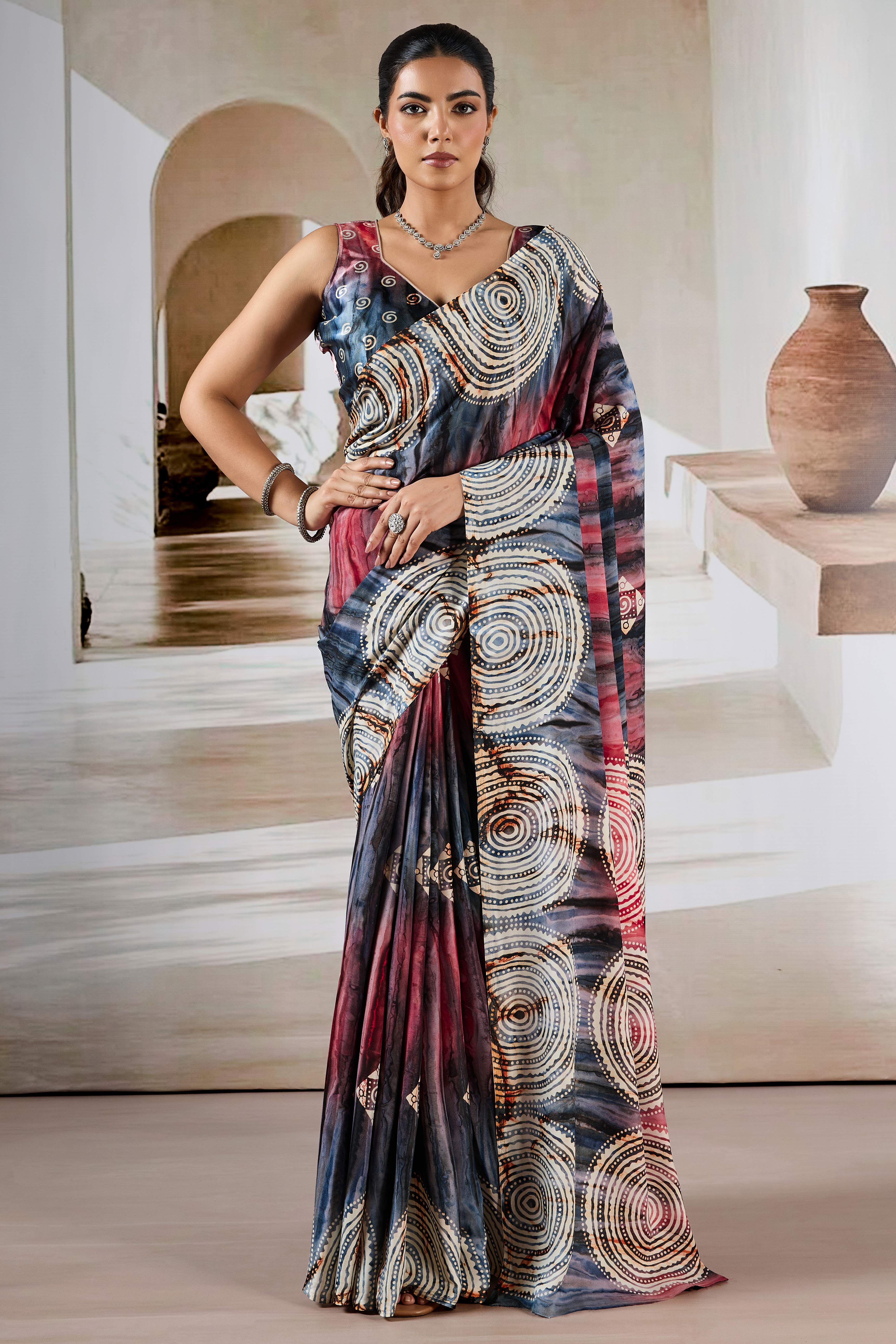 Luxury Charcoal Grey Abstract Prism Print Modal Satin Saree Featuring Artistic Work